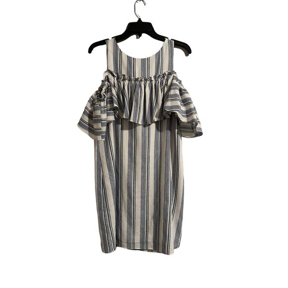 Gianni Bini Women's Medium Blue White Striped Off Shoulder Ruffle Mini Dress - Picture 4 of 13